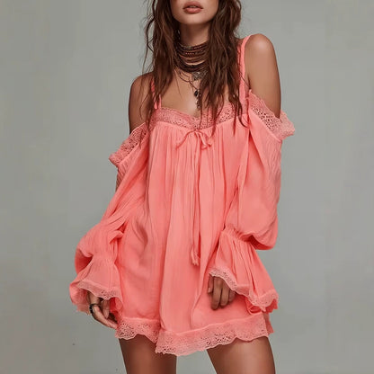 off-shoulder camisole mini dress with lace trim