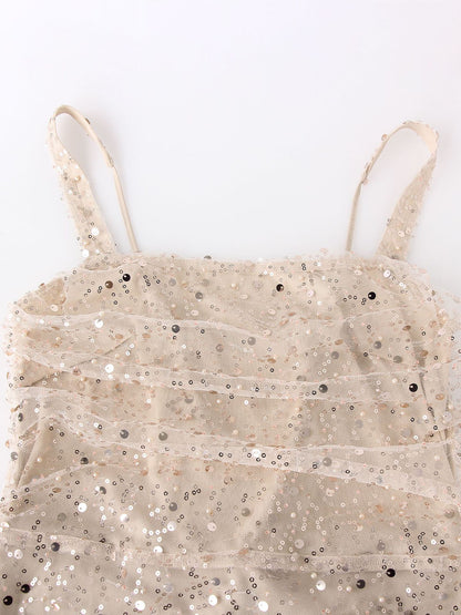 champagne sequin suspender evening dress