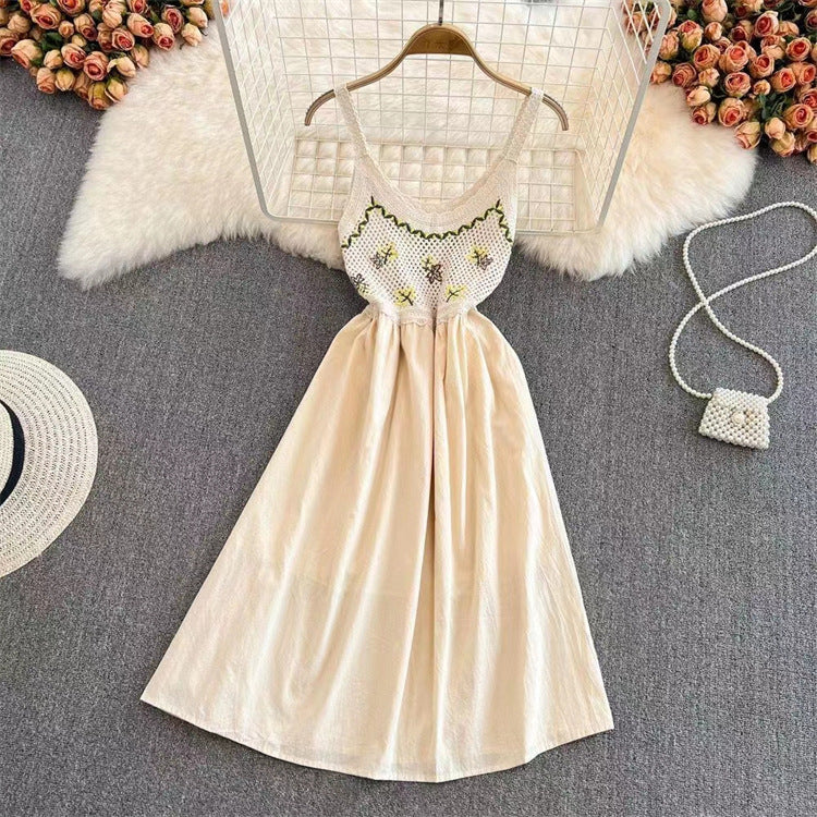 Hollow-out embroidered camisole midi dress