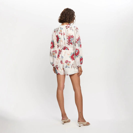 V-neck floral print lantern sleeve jumpsuit - white