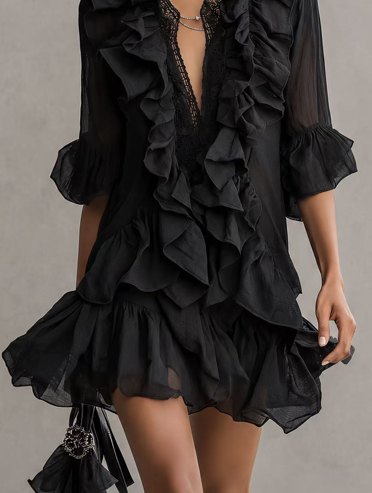 V-neck flared sleeve ruffled mini dress - black