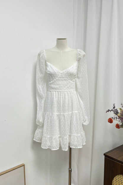 jacquard polka dot chiffon long sleeves open back dress