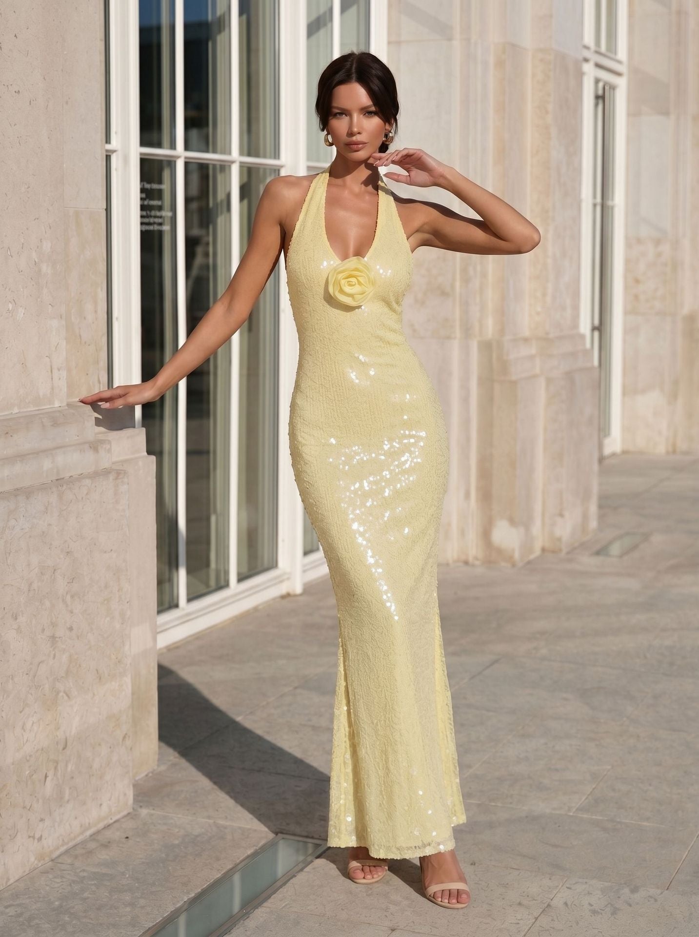 yellow sequins halterneck maxi dress