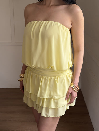 yellow cascading ruffle mini dress