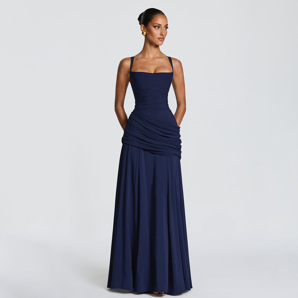 navy low-cut camisole open back mermaid dress