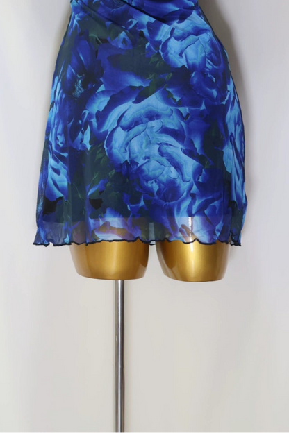 blue mesh suspender mini dress