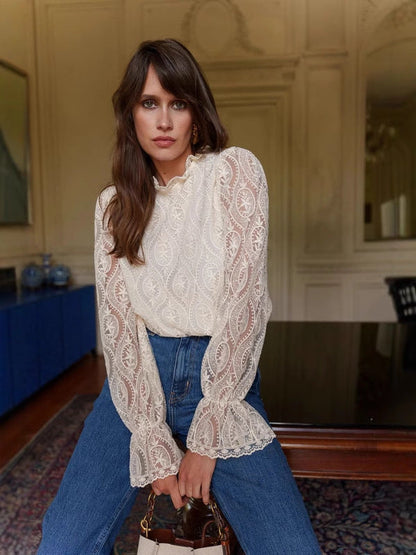 hollow lace long-sleeved top shirt