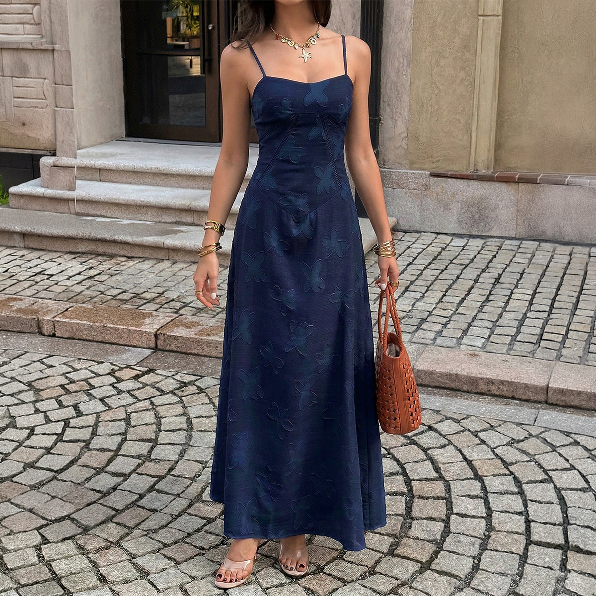 dark blue jacquard suspender waist dress