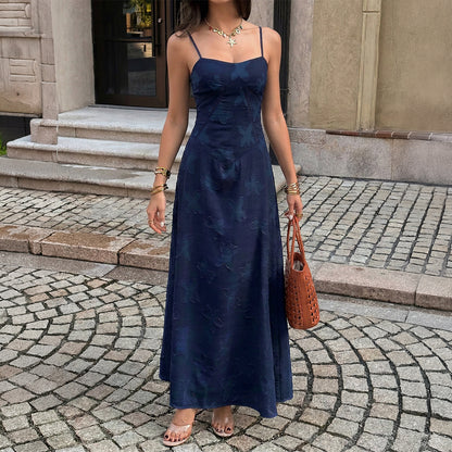 dark blue jacquard suspender waist dress