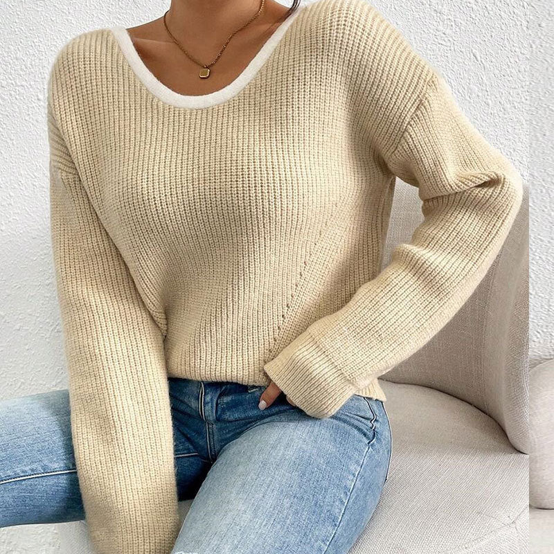 Relaxed Fit Ribbed Knit Sweater with Contrast Trim Crew Neck Premium Fabric - product view 7