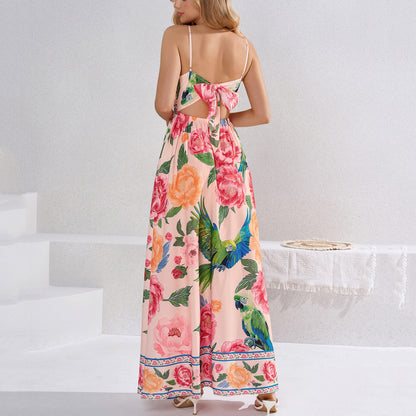 printed slip backless tie-up dress