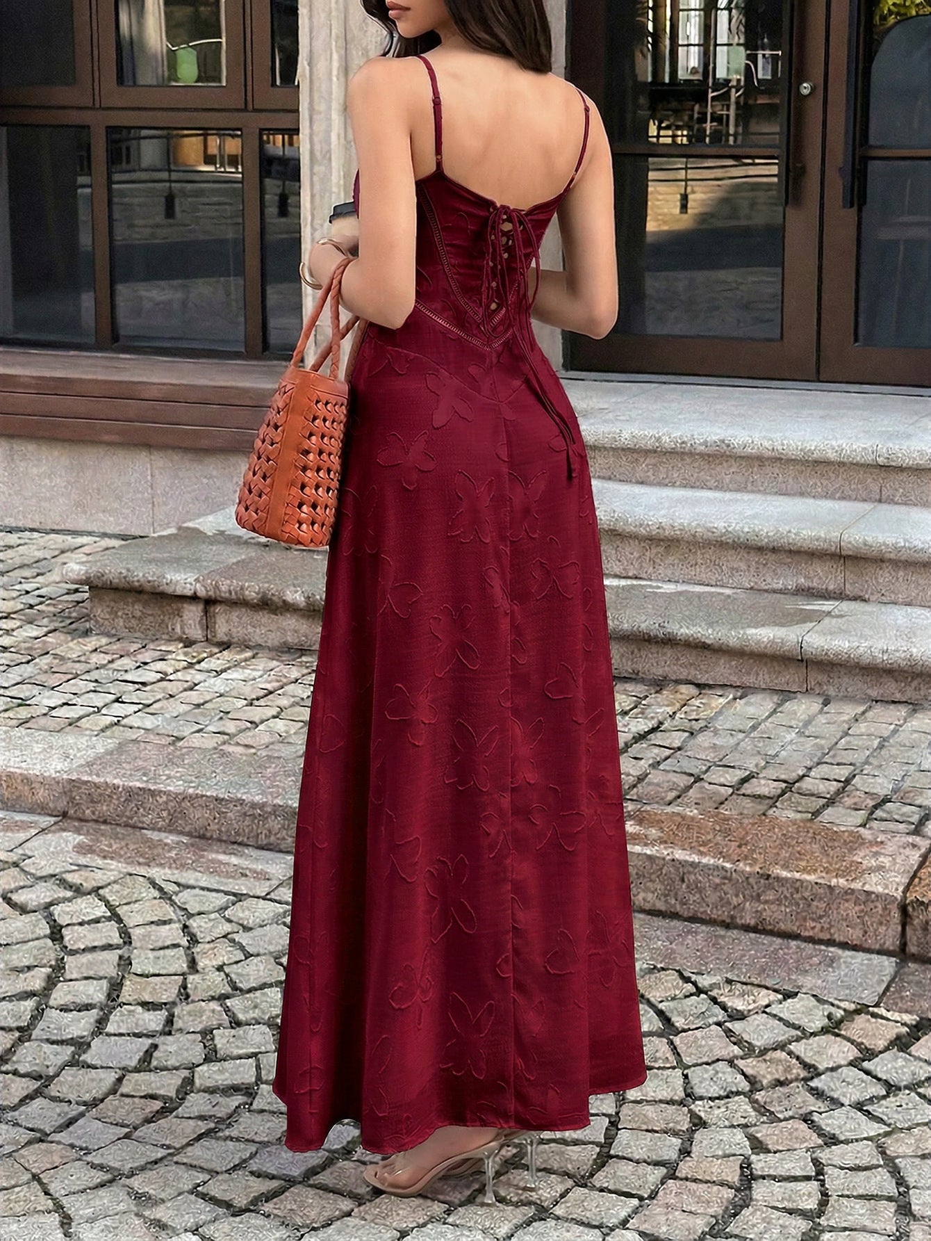 red wine jacquard suspender waist dress