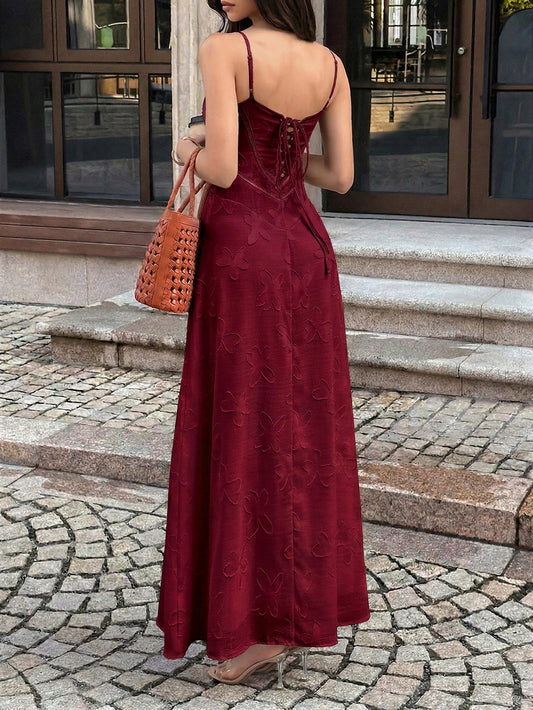 red wine jacquard suspender waist dress