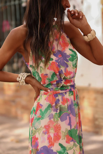 Printed Wrap-Style halter Ruched Maxi Dress - purple
