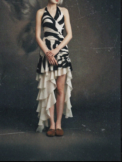 Irregular zebra pattern midi dress - black & white