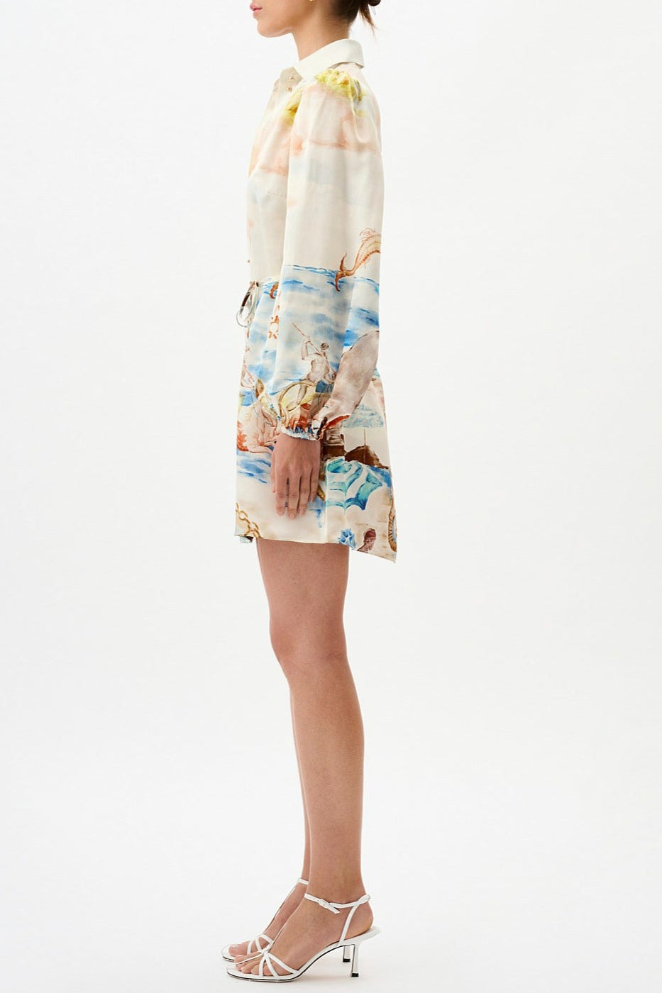Printed puff long-sleeved collared mini dress