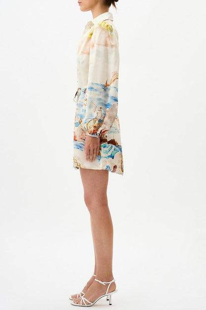 Printed puff long-sleeved collared mini dress