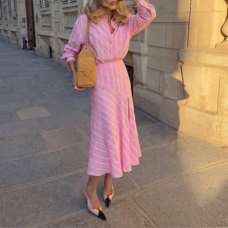 pink Striped Lapel Slit Long Skirt Set