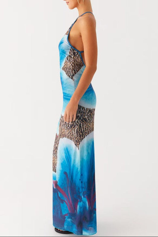 Blue Leopard Print Slingback Slingback Slip Dress