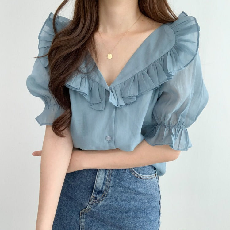 Ruffled puff sleeve chiffon blouse