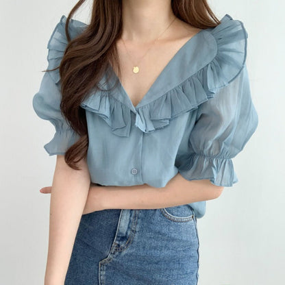 Ruffled puff sleeve chiffon blouse