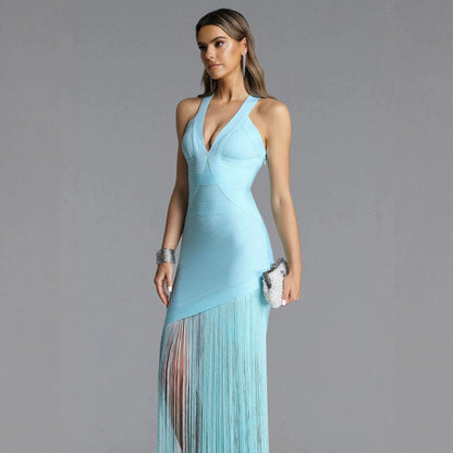 Halter-neck V-neck sleeveless fringe maxi dress in sky blue
