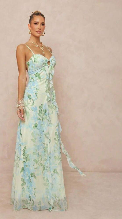 green mesh print open back waist dress