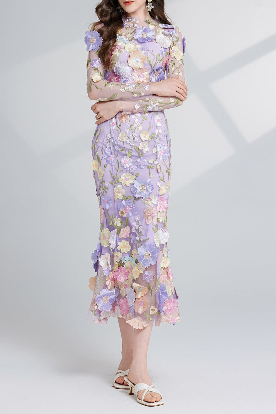 CAROL PURPLE FLORAL EMBROIDERY MESH LONG SLEEVE MIDI DRESS
