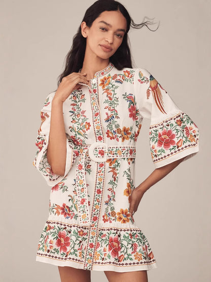 V-neck linen printed lantern sleeve ruffled mini dress