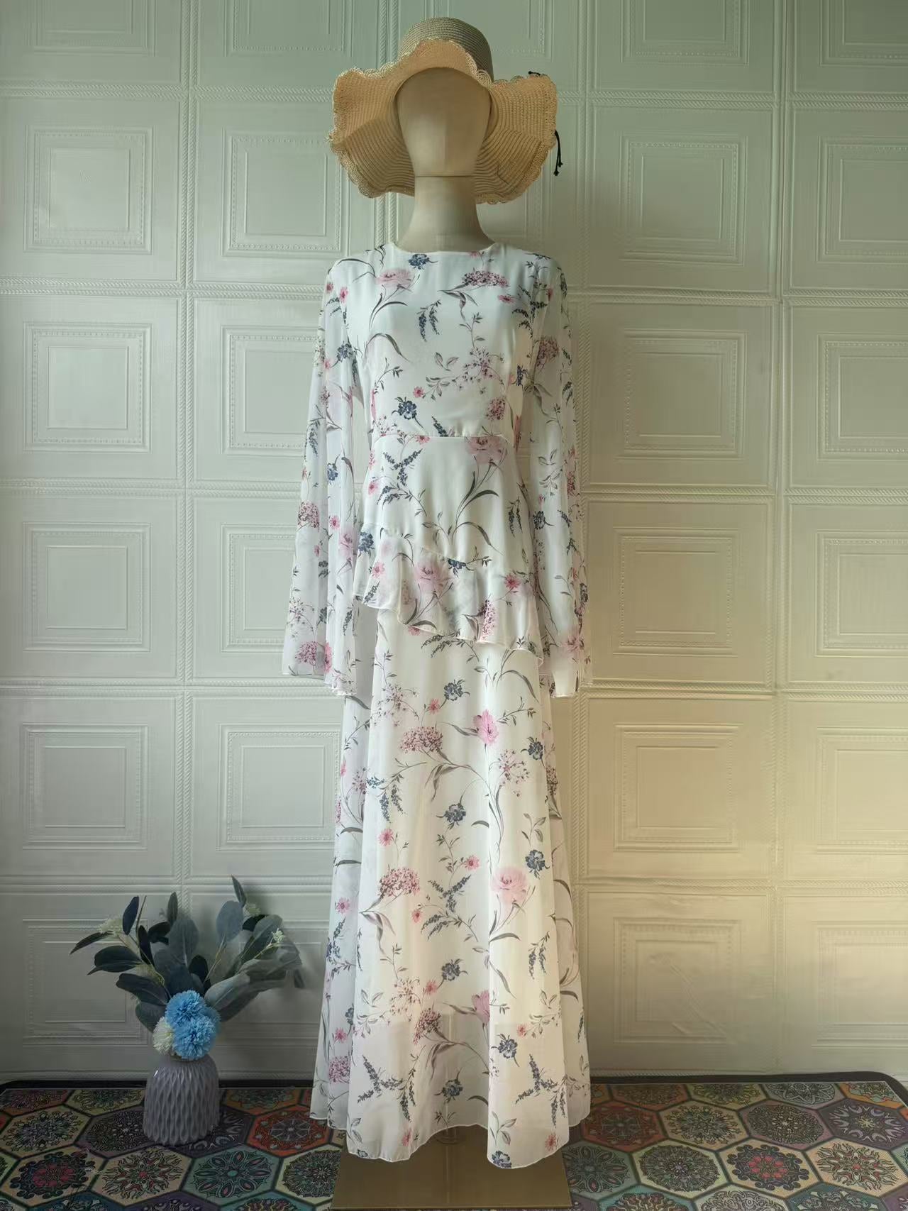 white floral long-sleeved maxi dress