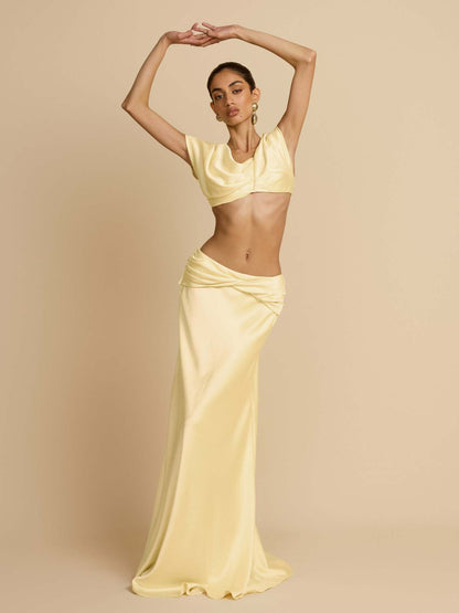 yellow pleated geometric splicing shape bandeau skirt suit