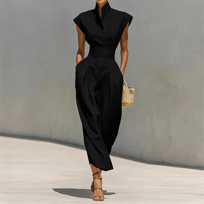 black sleeveless waist maxi dress