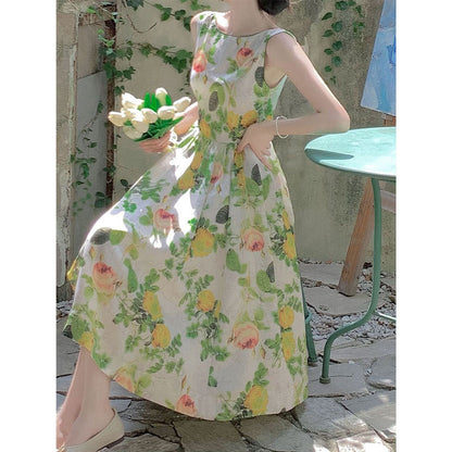 Forest-style green floral print midi dress