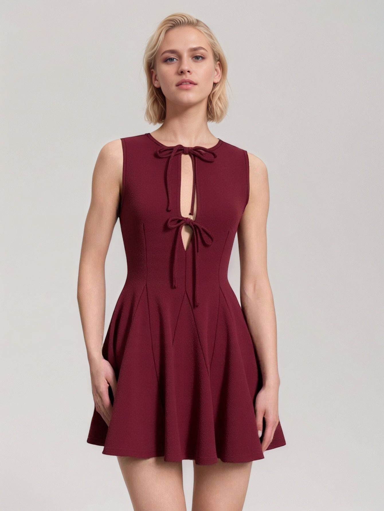 red Patchwork sleeveless fitted waist bow dress