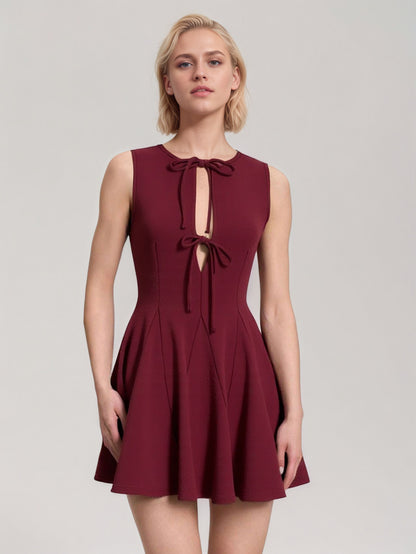 red Patchwork sleeveless fitted waist bow dress