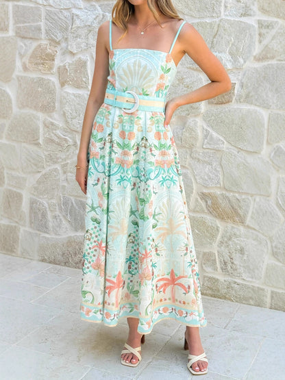 green large swing floral linen sleeveless slip dress