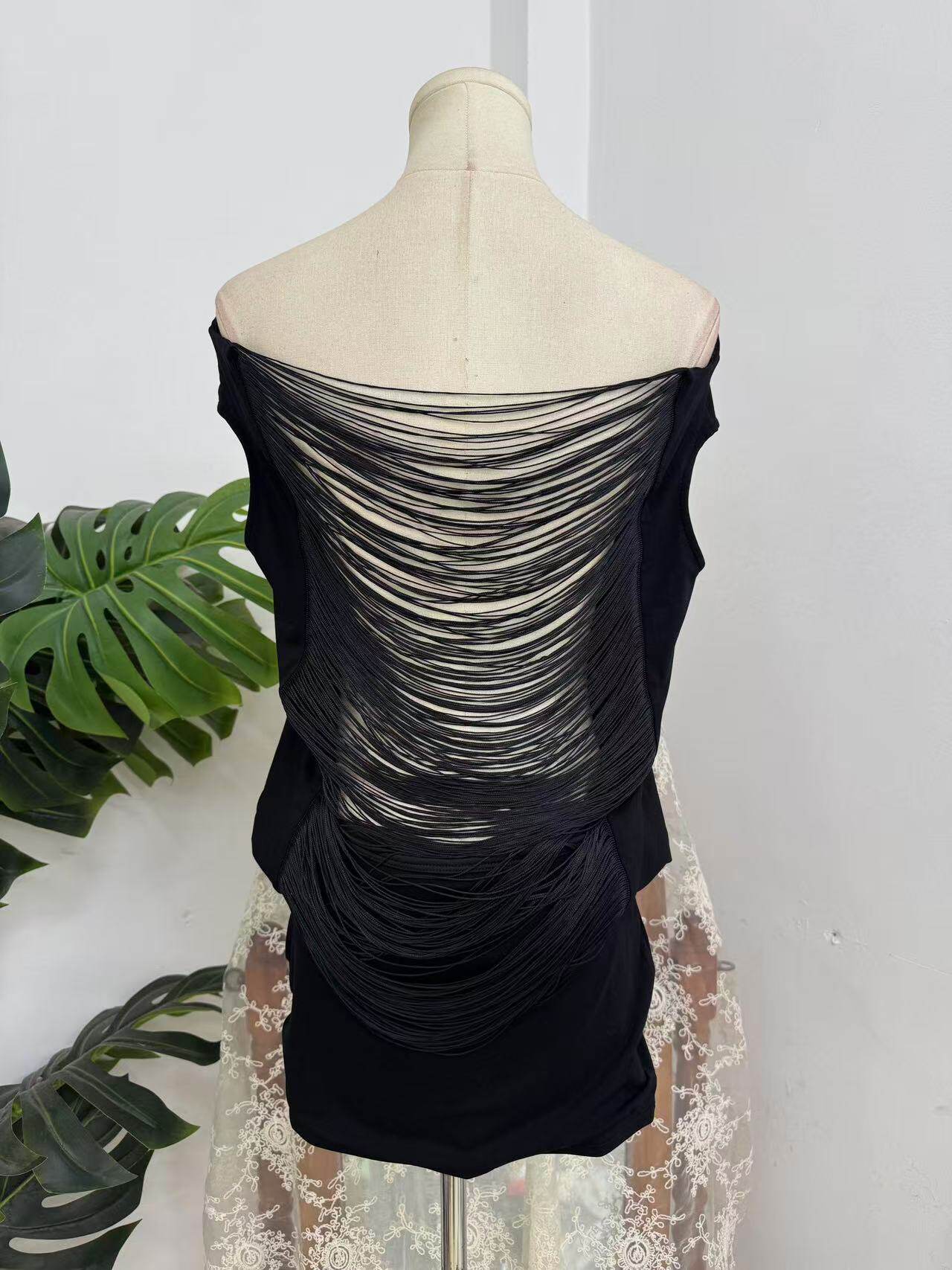 Black Off Shoulder Fringe Open Back Mini Dress