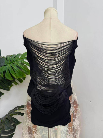 Black Off Shoulder Fringe Open Back Mini Dress