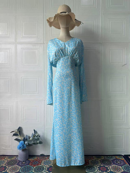 blue V-neck long-sleeved maxi dress