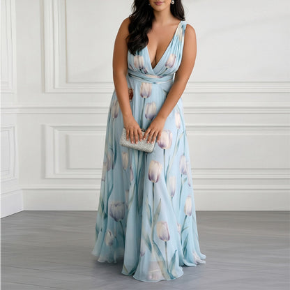 blue Print Waist Cinching V-Neck Dress