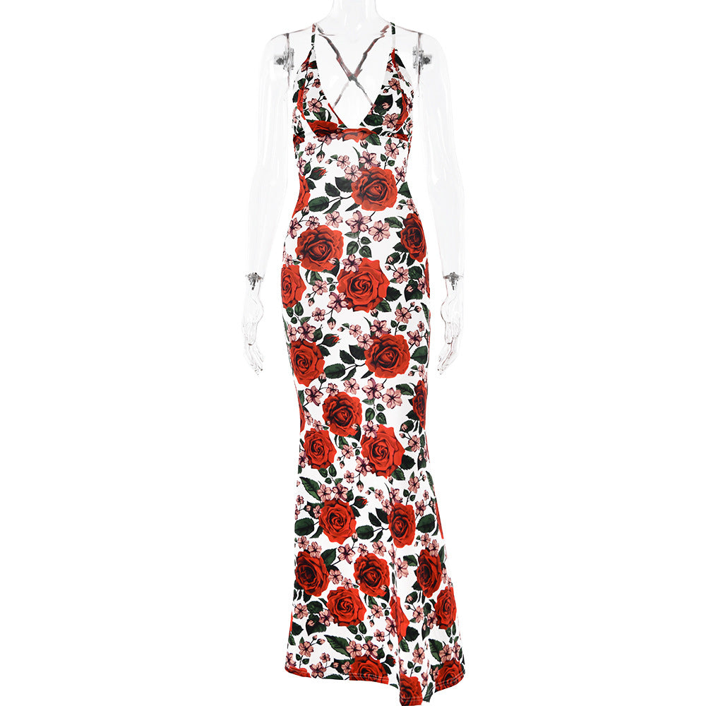 spaghetti strap sleeveless printed backless maxi dress - red