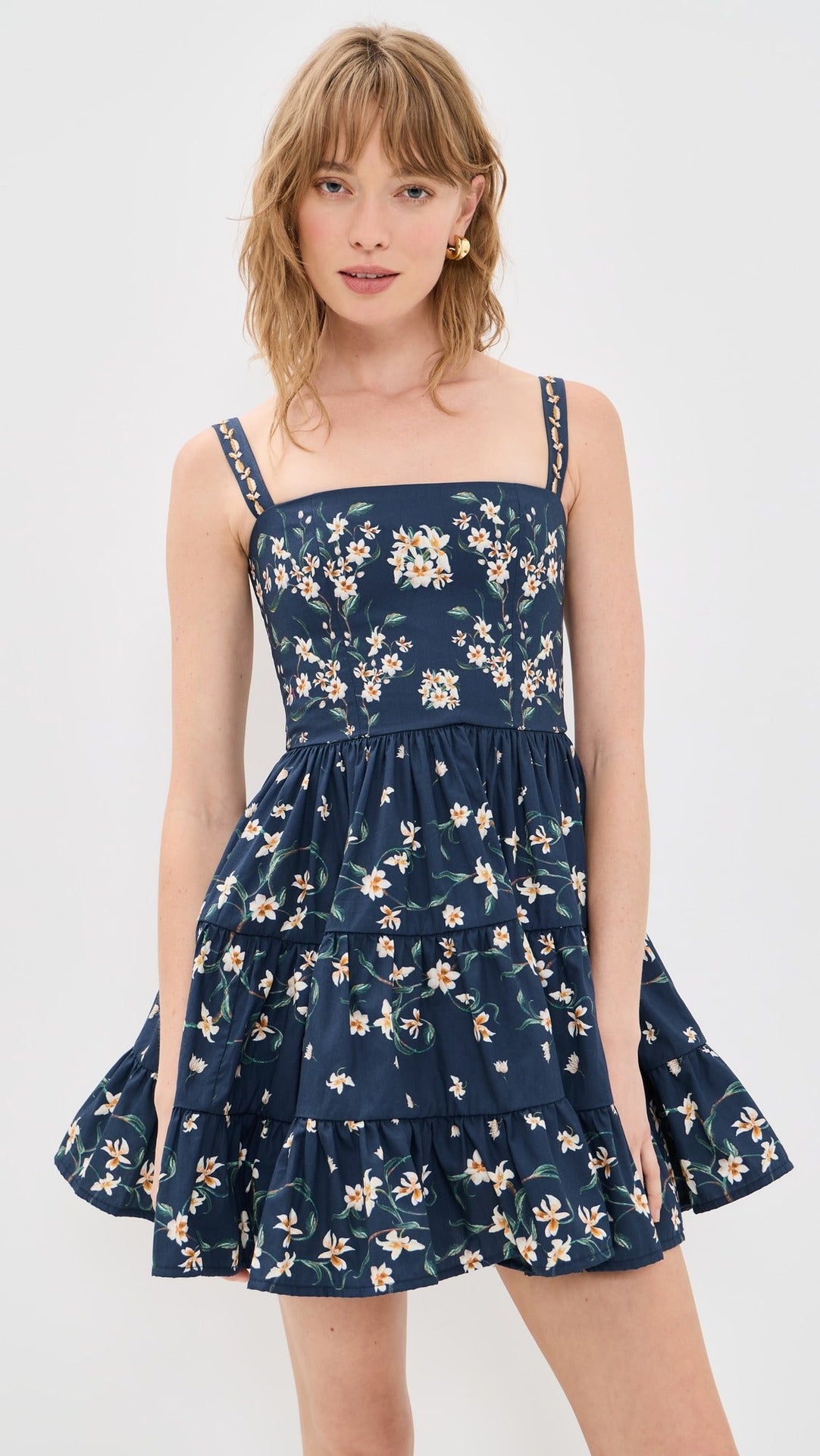 strapless backless floral print layered mini dress