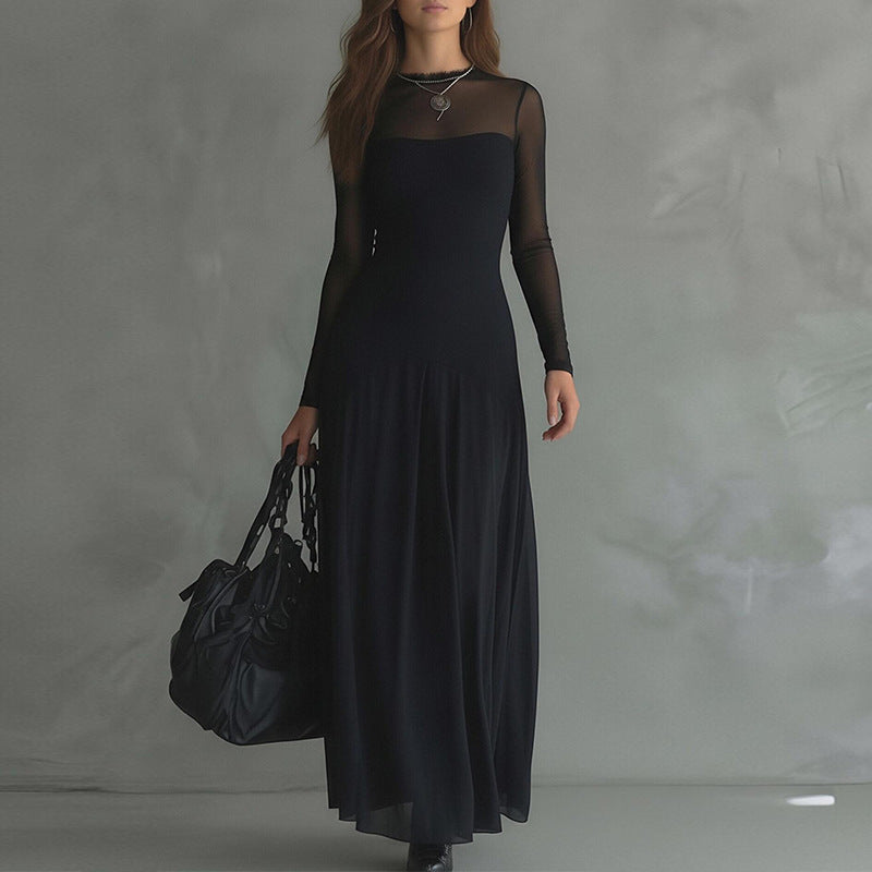 black Lace Splicing Slim maxi Dress