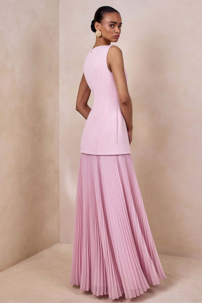 pink pleated sleeveless swing dress