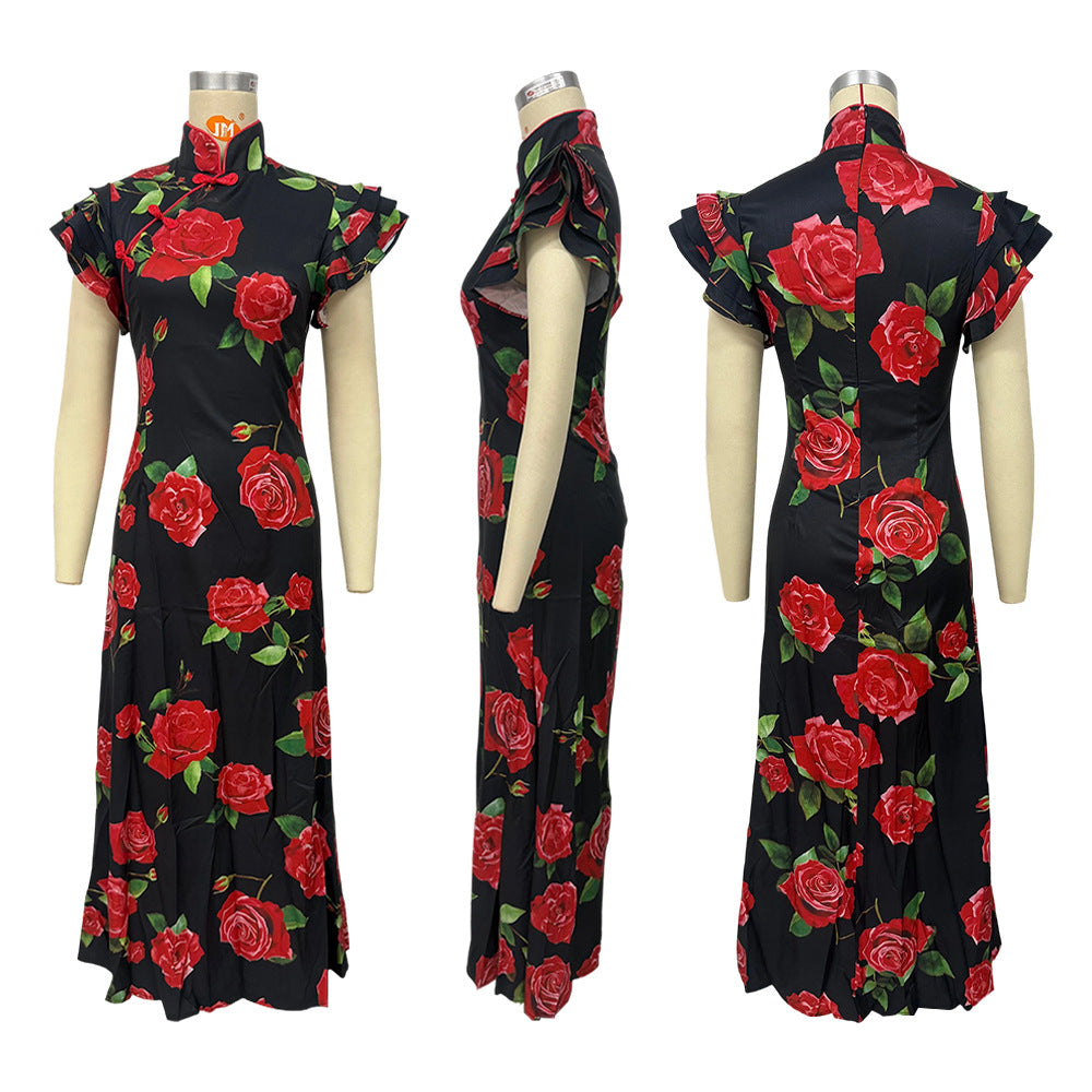 ruffle sleeve floral print bodycon maxi dress
