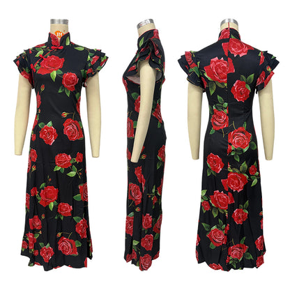ruffle sleeve floral print bodycon maxi dress