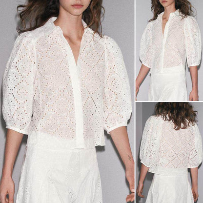 Lapel Puffy Sleeve Hollow Embroidered Shirt