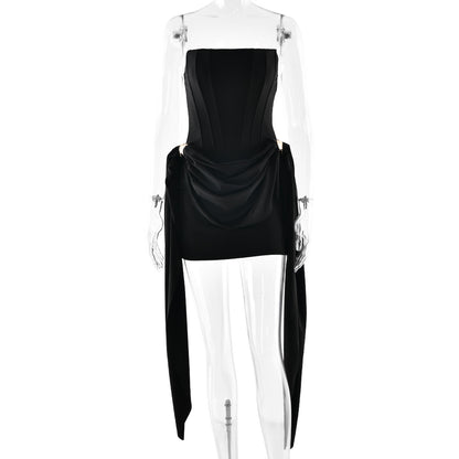 black open back bandeau streamer mini dress