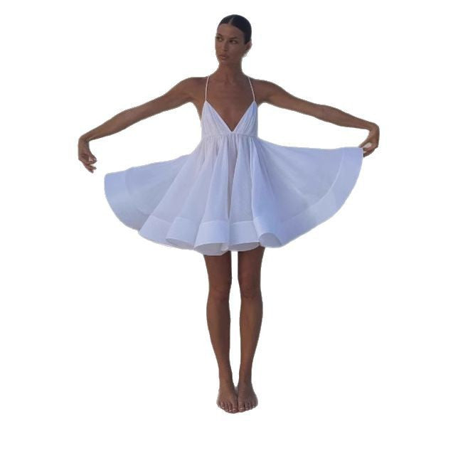Pleated voluminous V-neck backless camisole mini dress
