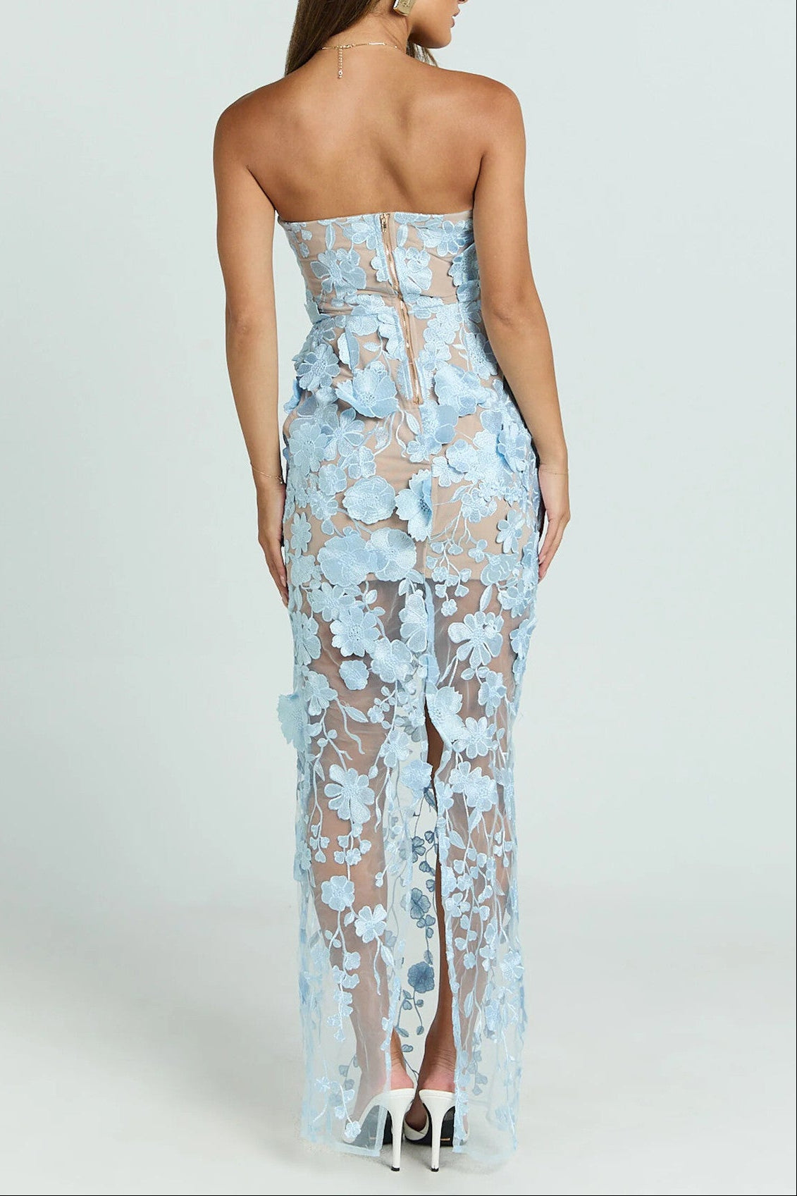 blue three-dimensional flower bandeau maxi dress